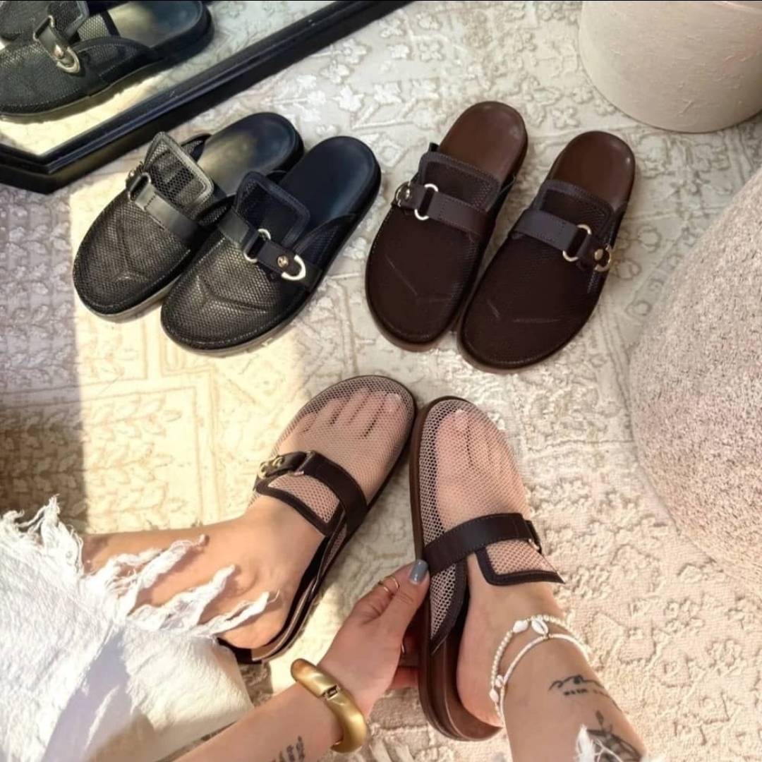صندل سگکدار اسلیپر توری سانی رنگ قهوه ای